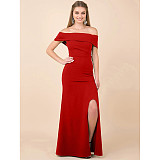 Elegant Slash Neck High Split Floor Length Evening Dress JX-5481