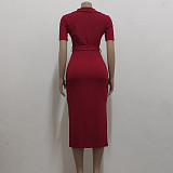 Solid V Neck Knitted Short Sleeve Casual Dresses JX-5478