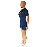Turn Down Collar Short Sleeve Tassel Denim Rompers LX-6939