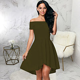 Off Shoulder Short Sleeve Irregular Ruffle Hem Dresses JX-5497