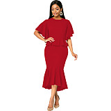 Elegant Office Lady Ruffles O Neck Maxi Dresses JX-5477