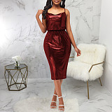 Bronzing Spaghetti Strap Midi Length Nightclub Dresses JX-5416