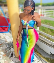 Rainbow Gradient Off Shoulder Bow Tie Crop Top Long Skirt 2 Piece Set WSY-5831 Rainbow Gradient Off Shoulder Bow Tie Crop Top Long Skirt 2 Piece Set WSY-5831