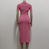 Solid V Neck Knitted Short Sleeve Casual Dresses JX-5478