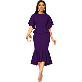 Elegant Office Lady Ruffles O Neck Maxi Dresses JX-5477