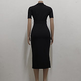 Solid V Neck Knitted Short Sleeve Casual Dresses JX-5478