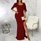 Ruffle Short Sleeve Side Split Floor Length Elegant Dress JX-5476