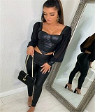 Solid Color Leather Patchwork Mesh Transparent Casual O-Neck Long Puff Sleeve Irregular Crop Tops WSY-5806