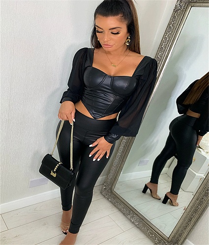 Solid Color Leather Patchwork Mesh Transparent Casual O-Neck Long Puff Sleeve Irregular Crop Tops WSY-5806