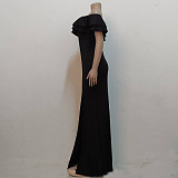 Off Shoulder Ruffle High Split Evening Maxi Dresses JX-5434