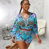 V Neck Print Crop Tops Mini Shorts Two Piece Set JX-5360