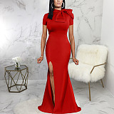 Short Sleeve Bow Knot High Split Elegant Dress JX-5435