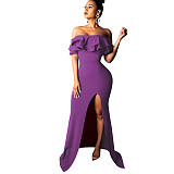 Off Shoulder Ruffle High Split Evening Maxi Dresses JX-5434