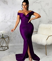 Low Cut Slash Neck Ruched Split Maxi Cocktail Dresses JX-5411