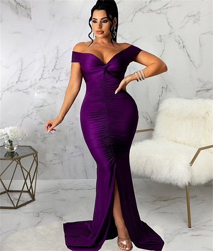 Low Cut Slash Neck Ruched Split Maxi Cocktail Dresses JX-5411