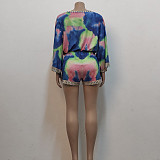 V Neck Print Crop Tops Mini Shorts Two Piece Set JX-5360