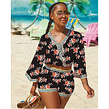 V Neck Print Crop Tops Mini Shorts Two Piece Set JX-5360
