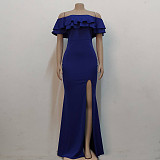 Off Shoulder Ruffle High Split Evening Maxi Dresses JX-5434