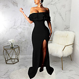 Off Shoulder Ruffle High Split Evening Maxi Dresses JX-5434