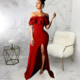 Off Shoulder Ruffle High Split Evening Maxi Dresses JX-5434