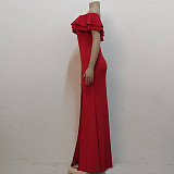 Off Shoulder Ruffle High Split Evening Maxi Dresses JX-5434