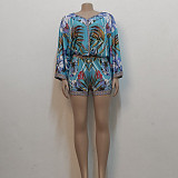 V Neck Print Crop Tops Mini Shorts Two Piece Set JX-5360