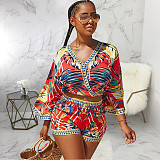V Neck Print Crop Tops Mini Shorts Two Piece Set JX-5360