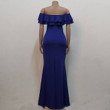 Off Shoulder Ruffle High Split Evening Maxi Dresses JX-5434