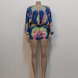 V Neck Print Crop Tops Mini Shorts Two Piece Set JX-5360