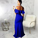 Off Shoulder Ruffle High Split Evening Maxi Dresses JX-5434