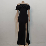 Off Shoulder Ruffle High Split Evening Maxi Dresses JX-5434