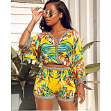 V Neck Print Crop Tops Mini Shorts Two Piece Set JX-5360