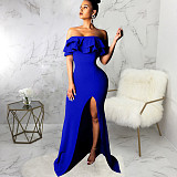 Off Shoulder Ruffle High Split Evening Maxi Dresses JX-5434