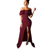 Off Shoulder Ruffle High Split Evening Maxi Dresses JX-5434