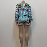 V Neck Print Crop Tops Mini Shorts Two Piece Set JX-5360