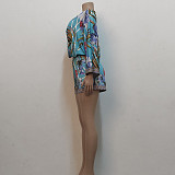 V Neck Print Crop Tops Mini Shorts Two Piece Set JX-5360