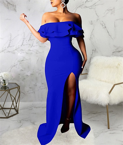 Off Shoulder Ruffle High Split Evening Maxi Dresses JX-5434