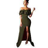 Off Shoulder Ruffle High Split Evening Maxi Dresses JX-5434