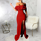 Off Shoulder Ruffle High Split Evening Maxi Dresses JX-5434