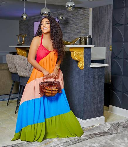 Color Block Patchwork Backless Loose Fitting Maxi Dress BGN-263
