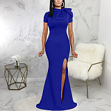 Short Sleeve Bow Knot High Split Elegant Dress JX-5435