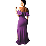 Off Shoulder Ruffle High Split Evening Maxi Dresses JX-5434