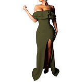 Off Shoulder Ruffle High Split Evening Maxi Dresses JX-5434