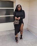 High Waist Long Sleeve Irregular Front Slit Dress XMY-9377