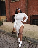 High Waist Long Sleeve Irregular Front Slit Dress XMY-9377