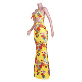 Boho Beach Floral Print Cut Out Floor Length Dresses JZH-8115