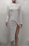 High Waist Long Sleeve Irregular Front Slit Dress XMY-9377