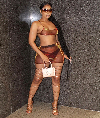 Sheer Mesh Backless Crop Tops Mini Skirts Set JZH-8030