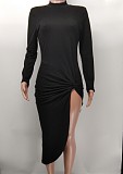 High Waist Long Sleeve Irregular Front Slit Dress XMY-9377