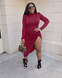 High Waist Long Sleeve Irregular Front Slit Dress XMY-9377